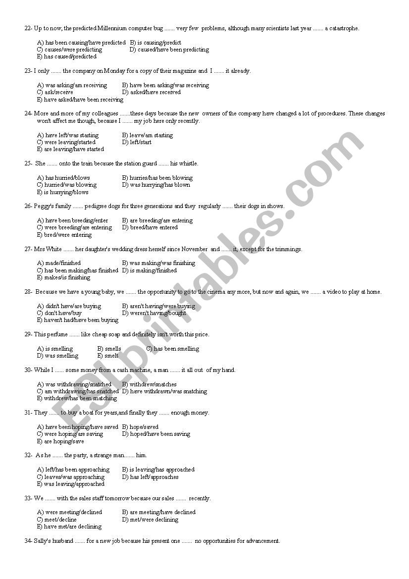 Mixed Tenses Multiple Choice Test 2 ESL Worksheet By Serzt