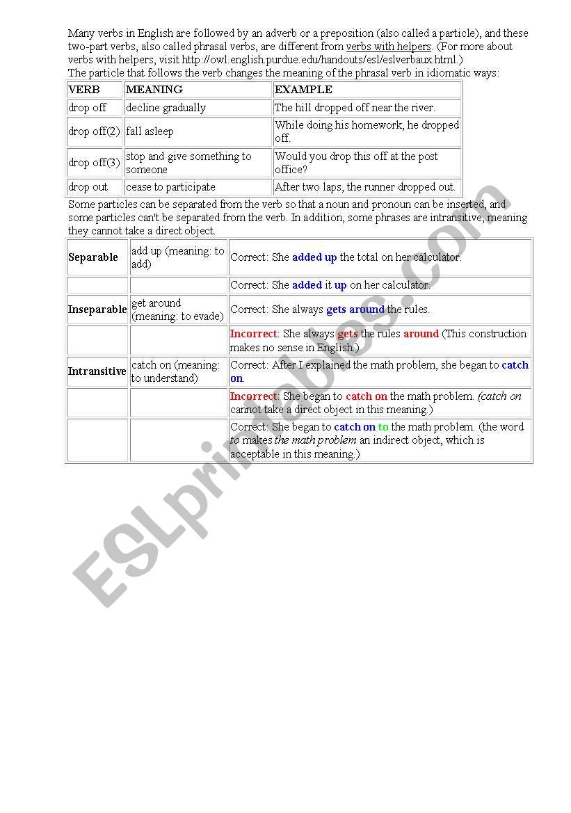 Multi-part verbs worksheet