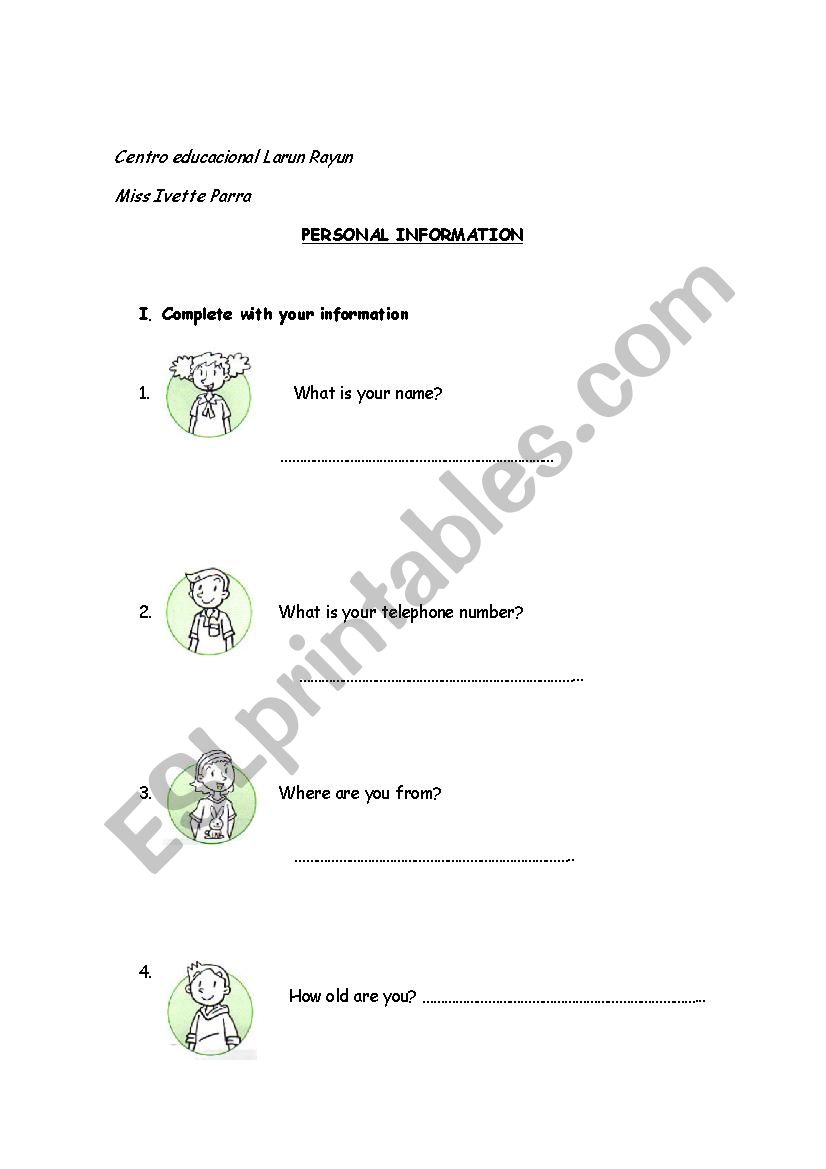 Personal Information  worksheet