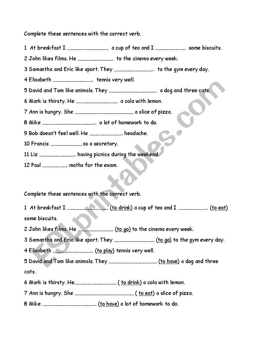 Complete with the right verb worksheet