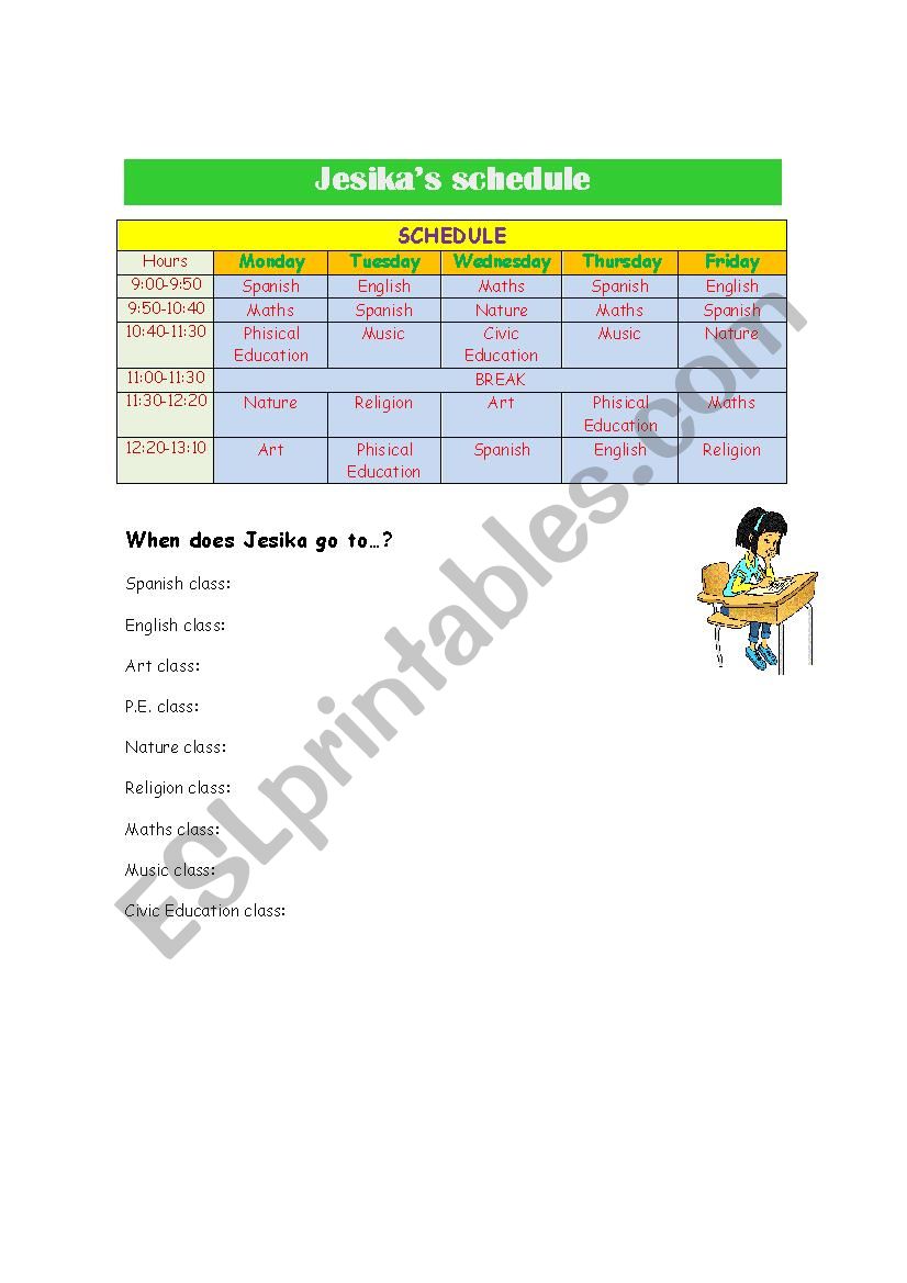 Jesikas shcedule worksheet