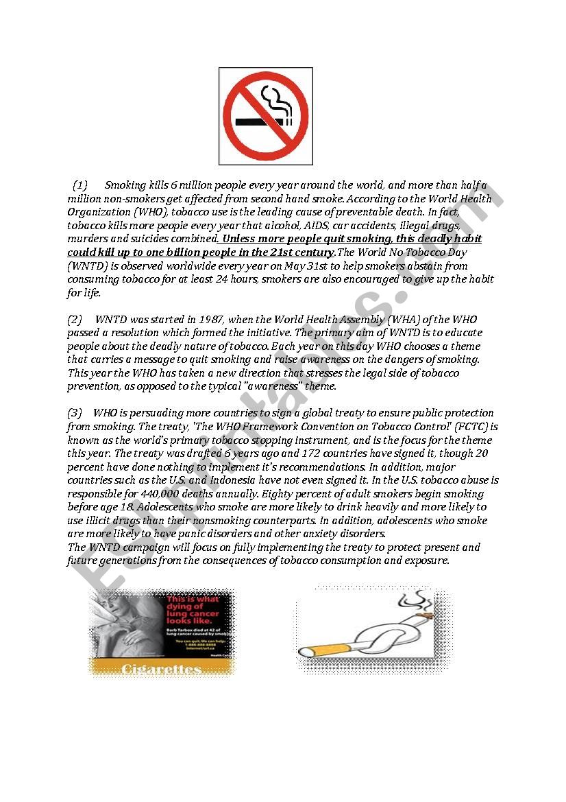 The World No Tobacco Day worksheet