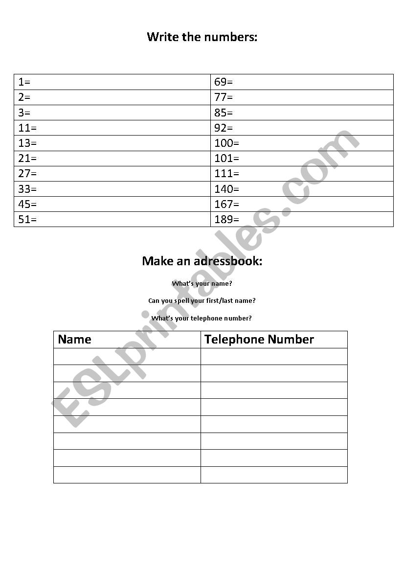 Numbers and adressbook worksheet