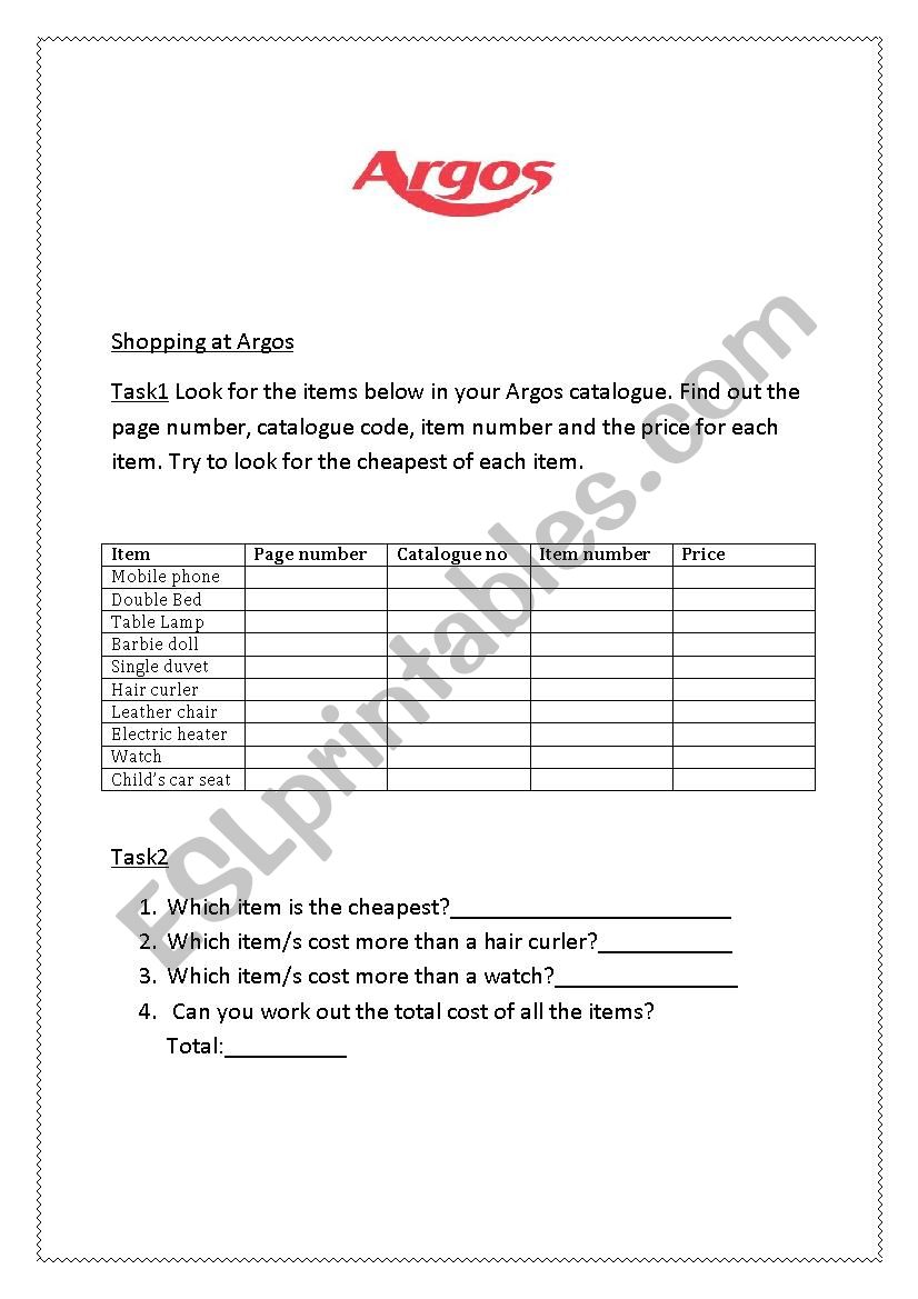 Argos work worksheet