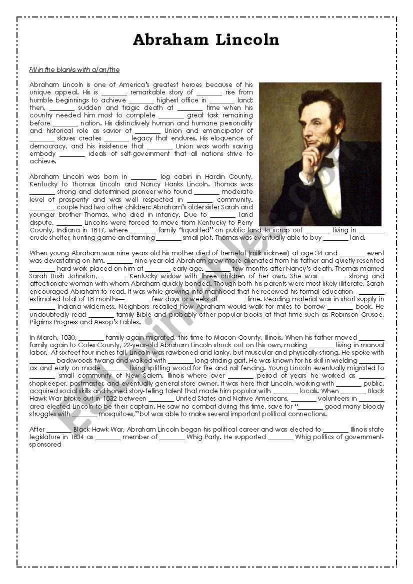 Abraham Lincoln - exercise on article