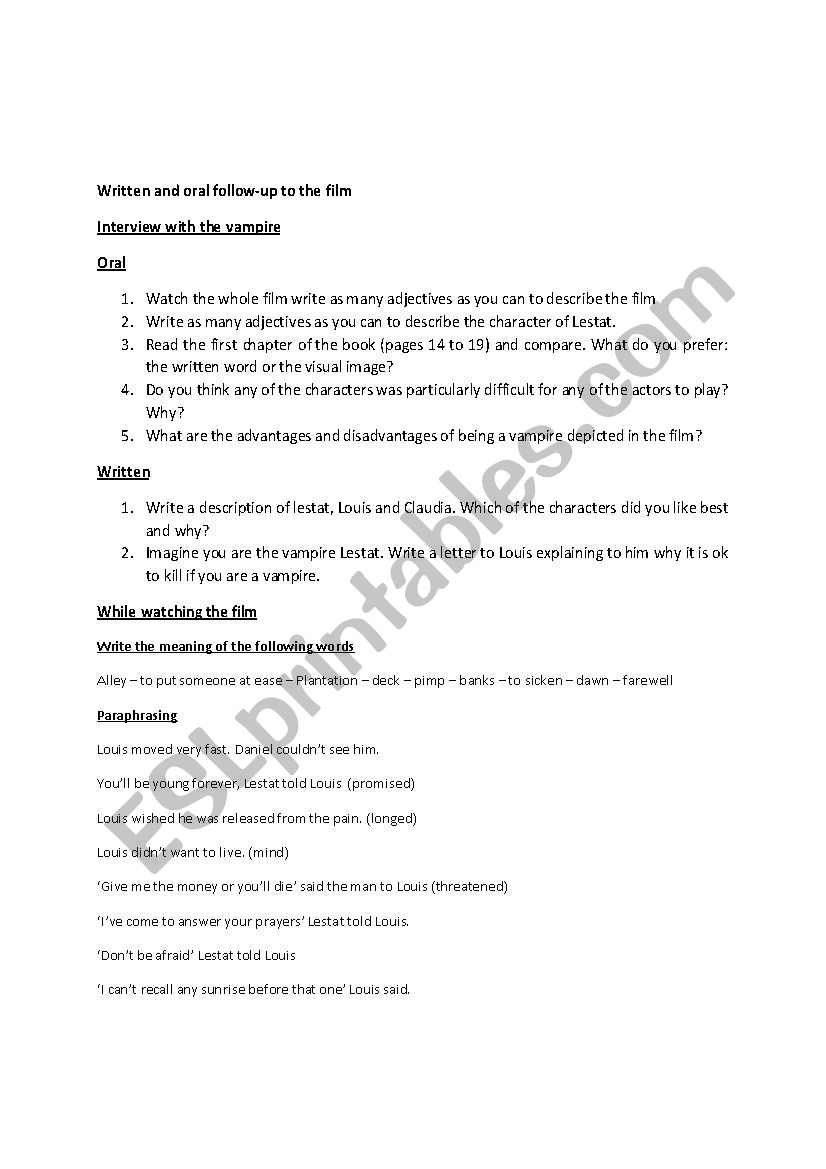 Interview with the vampire worksheet