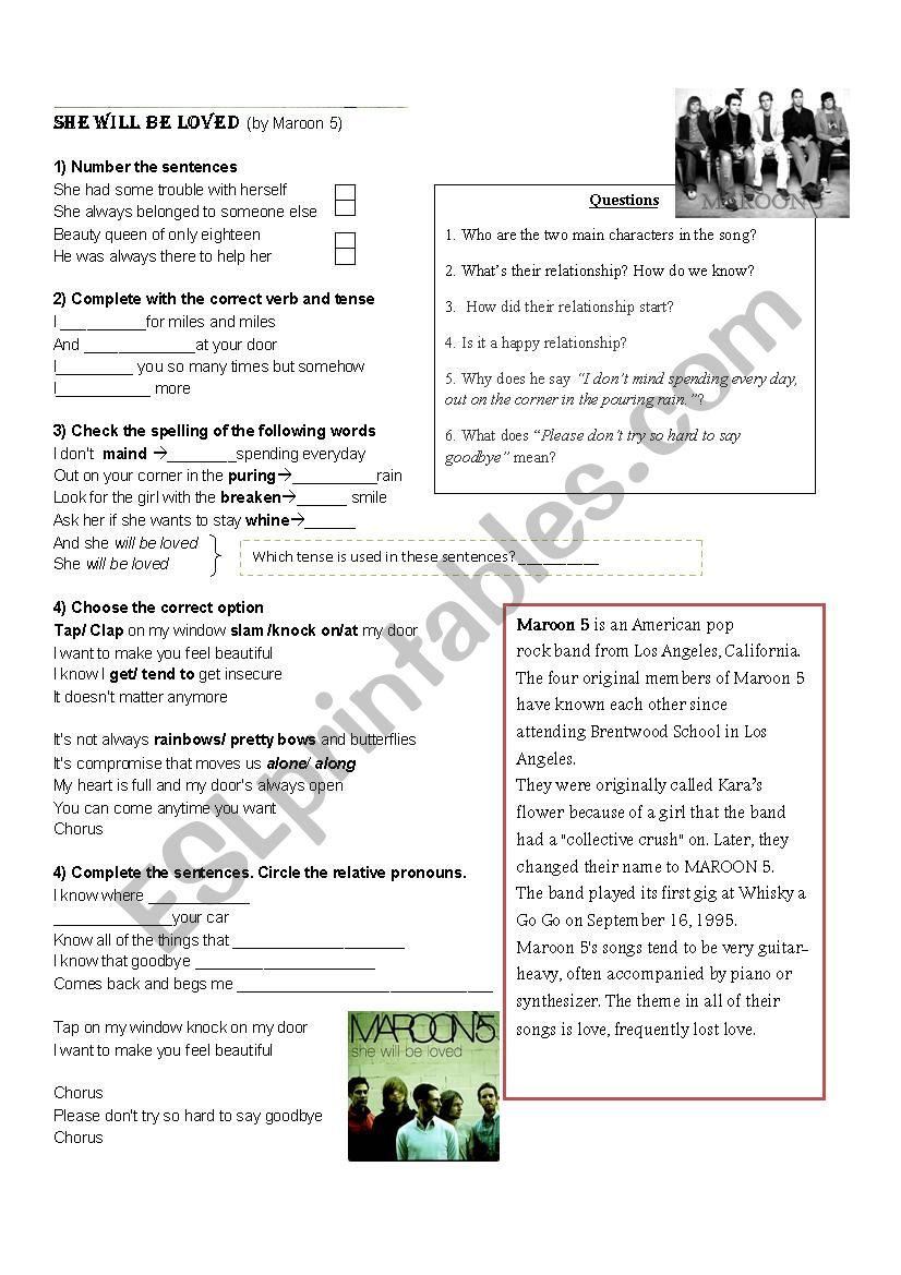 Song She will be loved  worksheet