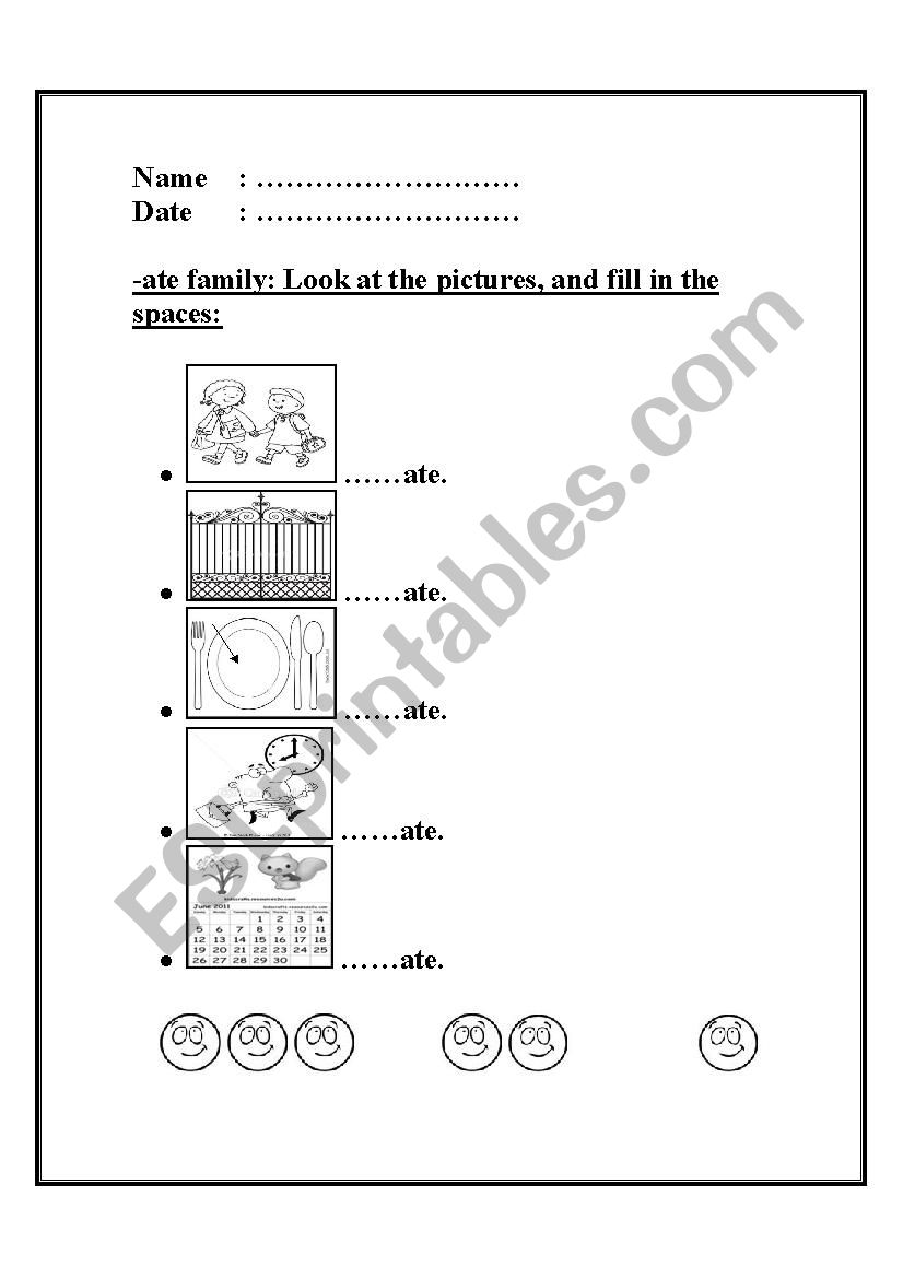 -ate word family worksheet