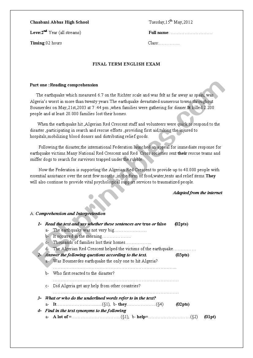 disasters worksheet