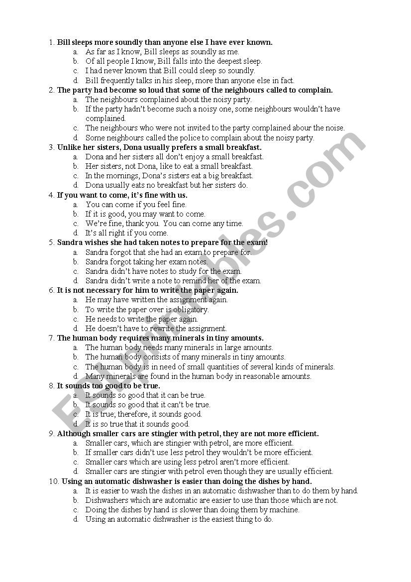 Restatement Multiple Choice worksheet