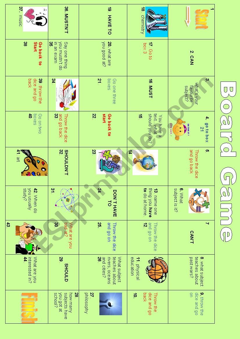 board game: modals, school subjects