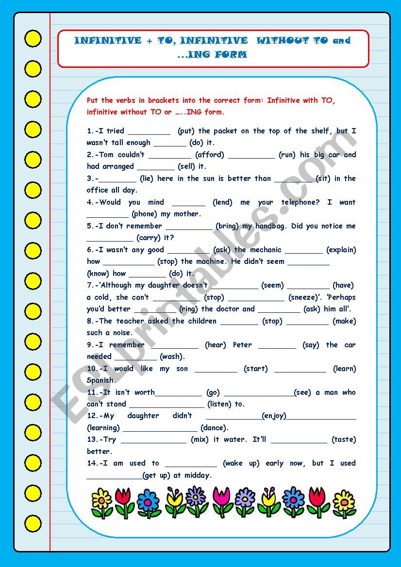 Infinitive TO Infinitive Without TO ING Form ESL Worksheet By 