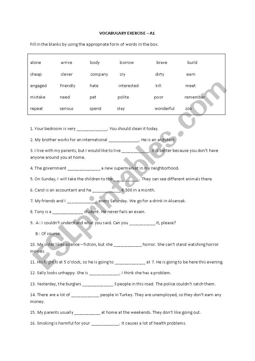 Vocabulary worksheet