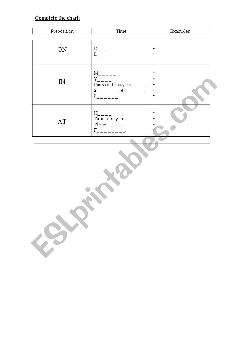 Prepositions of time IN/ON/AT worksheet