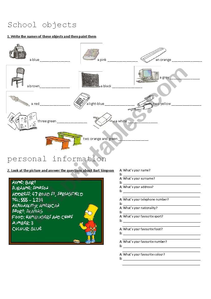 School objects and personal information