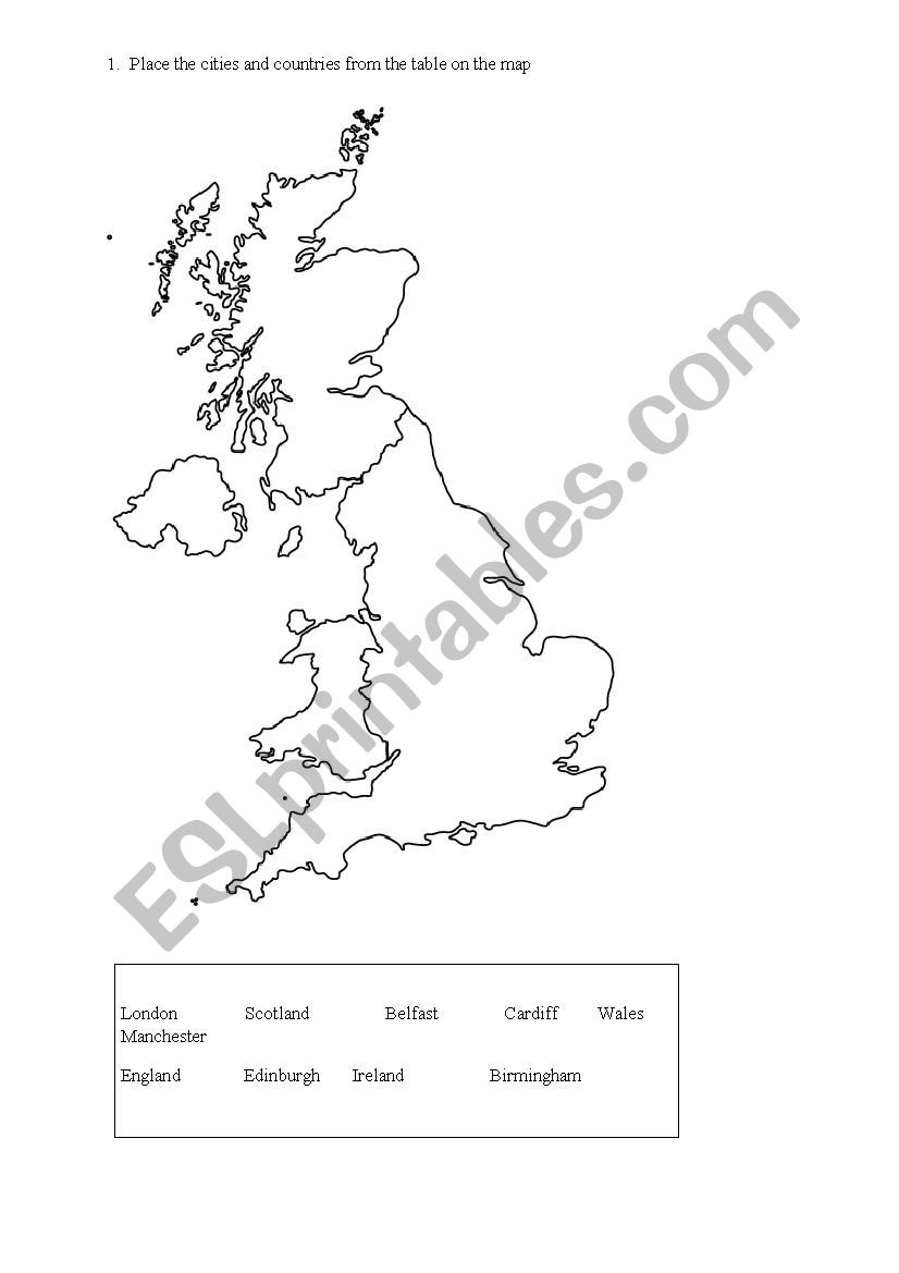 UK MAP (countries and cities) worksheet