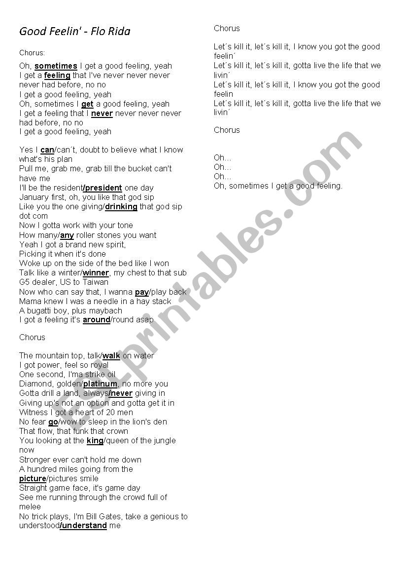 Good Feeling Florida With Answer Key Esl Worksheet By Fabriciocruz25 Ouvir good feeling flo rida. esl printables