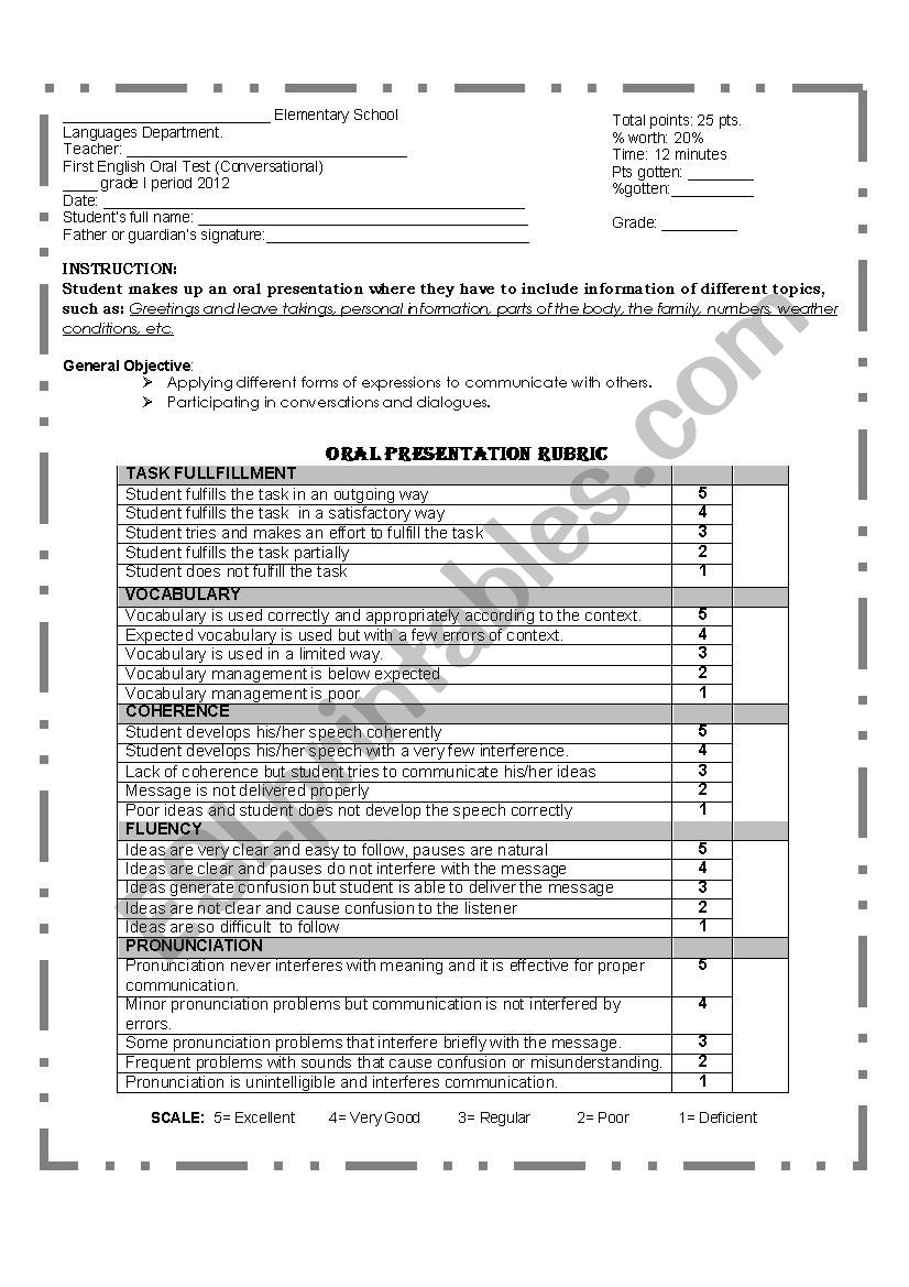 Oral Evaluation Rubric worksheet