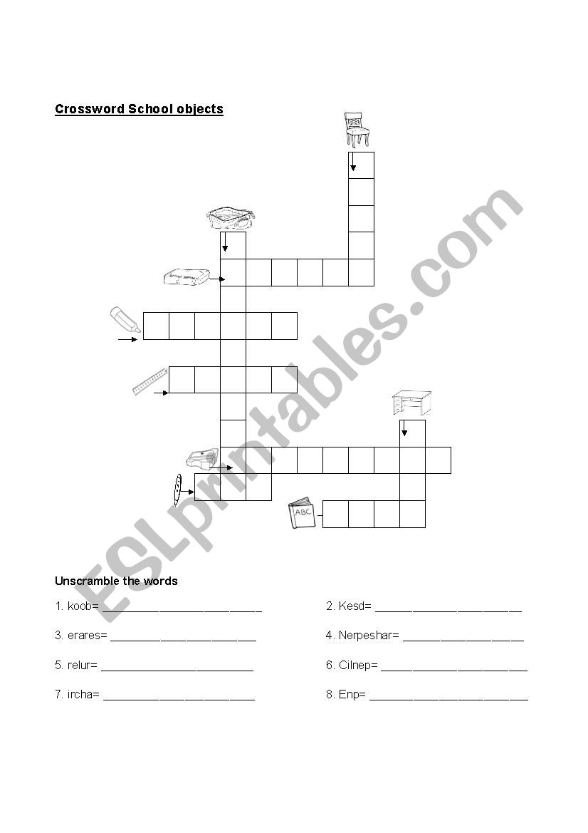 crossword school objects worksheet