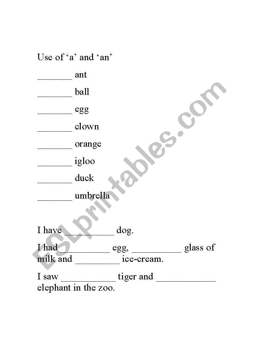 english-worksheets-use-of-a-and-an