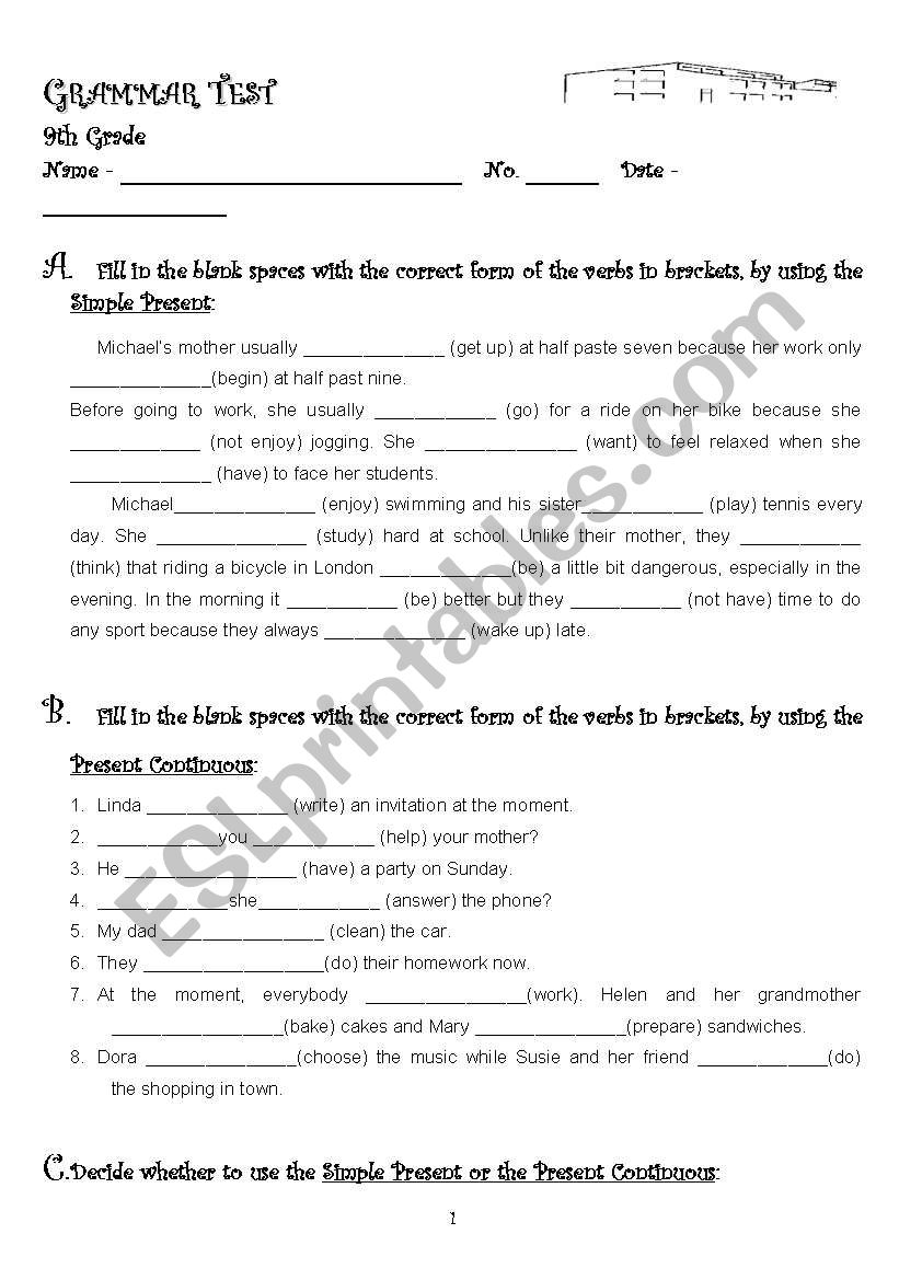 Grammar test worksheet