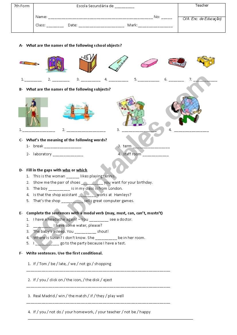 Formative Test worksheet