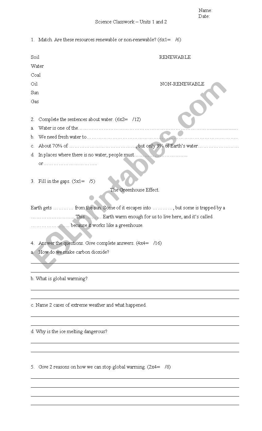 Science Classwork worksheet