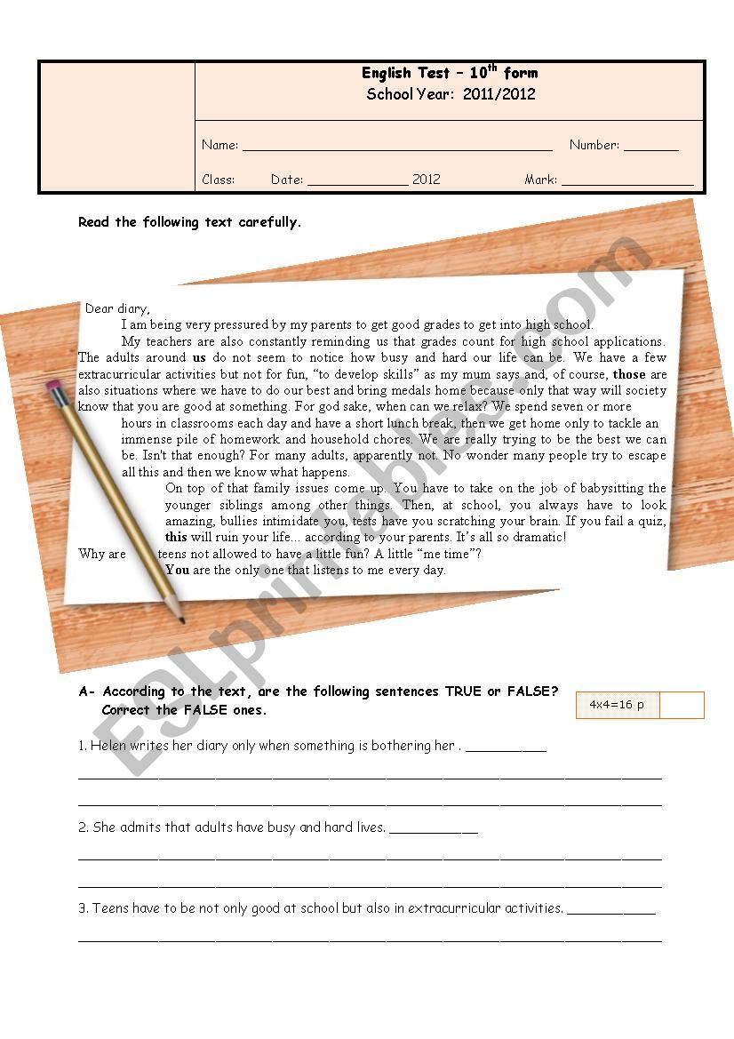test about teens worksheet