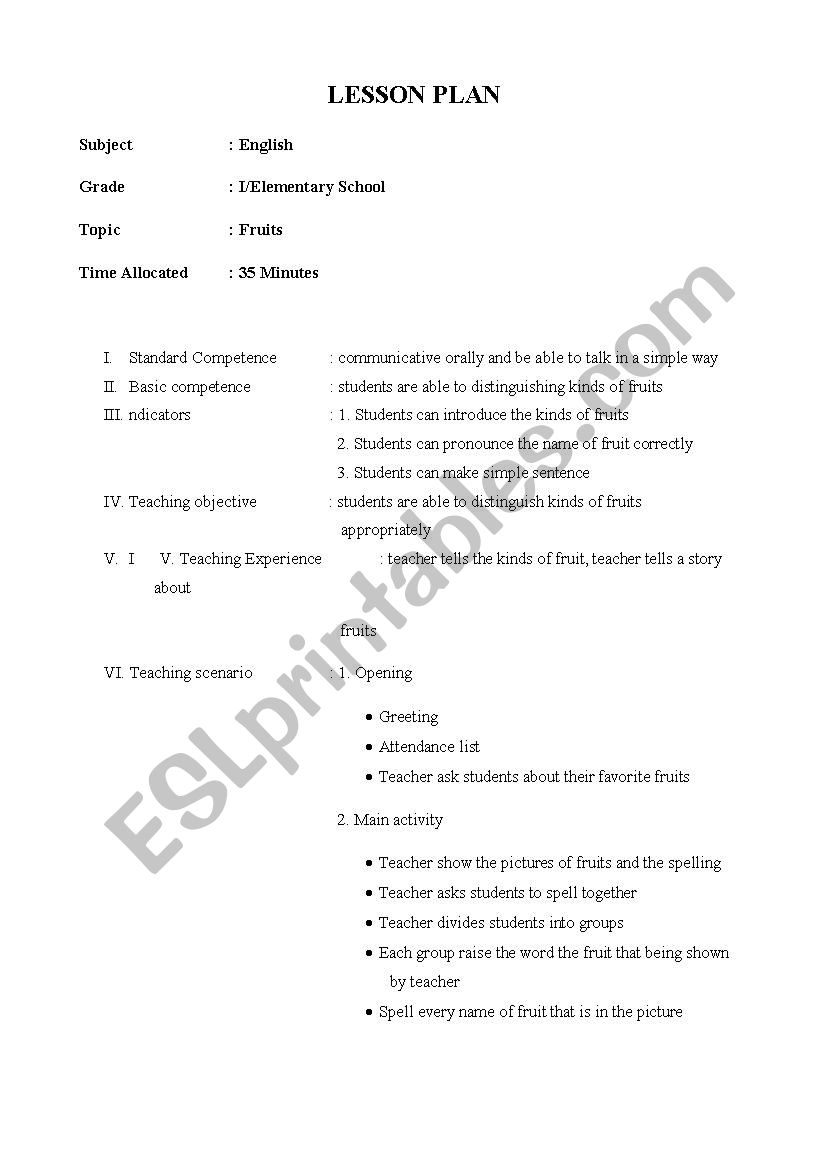 Lesson Plan EYL worksheet