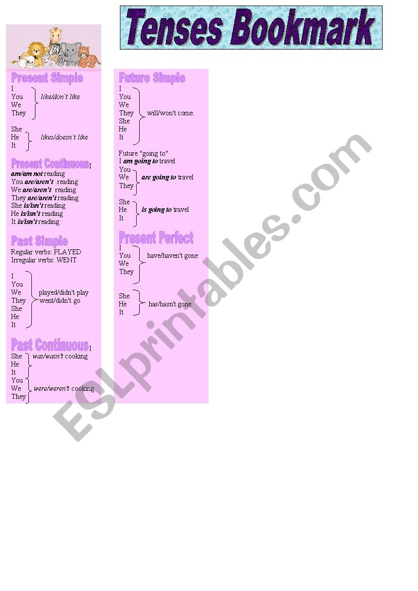 Tenses bookmark worksheet