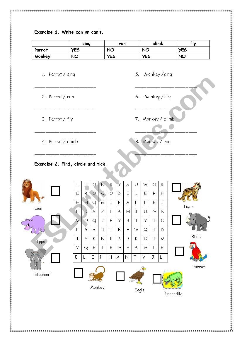 Can/Cant animal worksheet worksheet