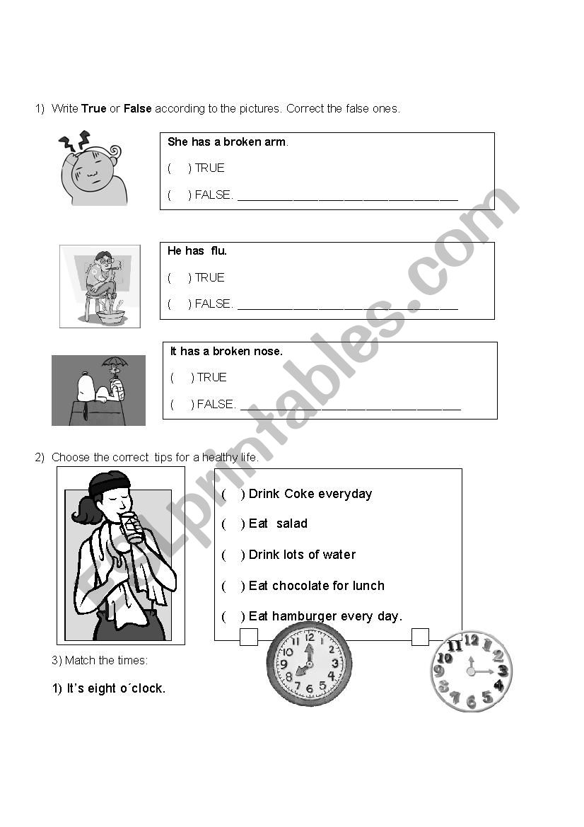 Telling time and health worksheet