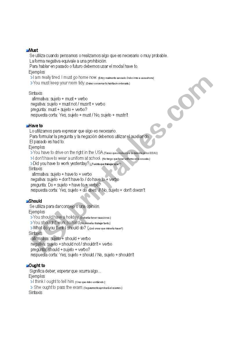 English Worksheets Modal Verbs