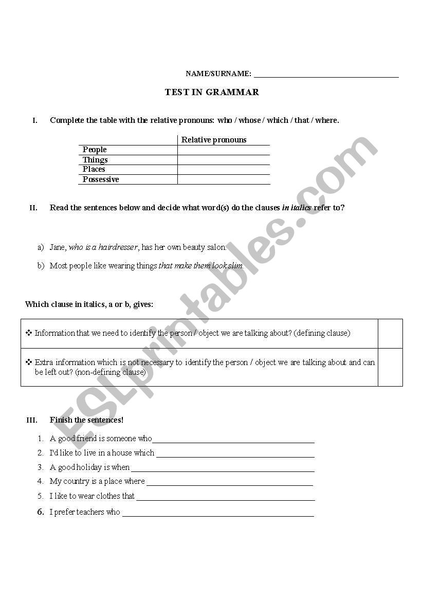 Relative clauses test worksheet