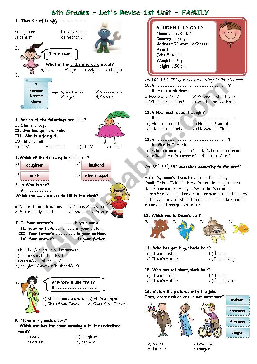 Unit 1- FAMILY for 6th Grades worksheet