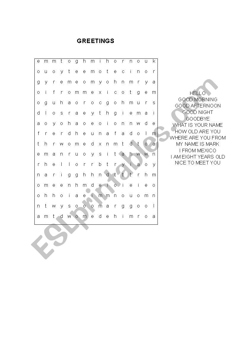 Greeting search word puzzle worksheet