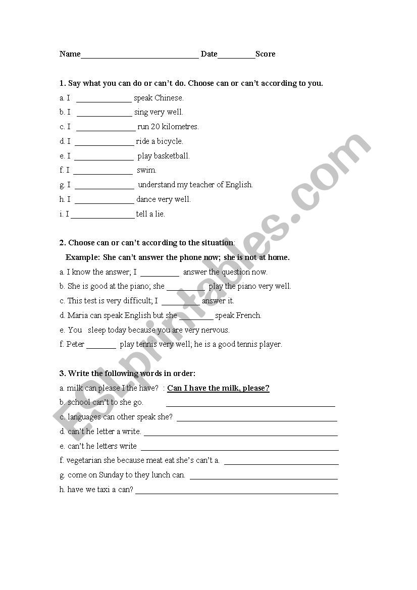 Can and Can´t - ESL worksheet by Loretodh