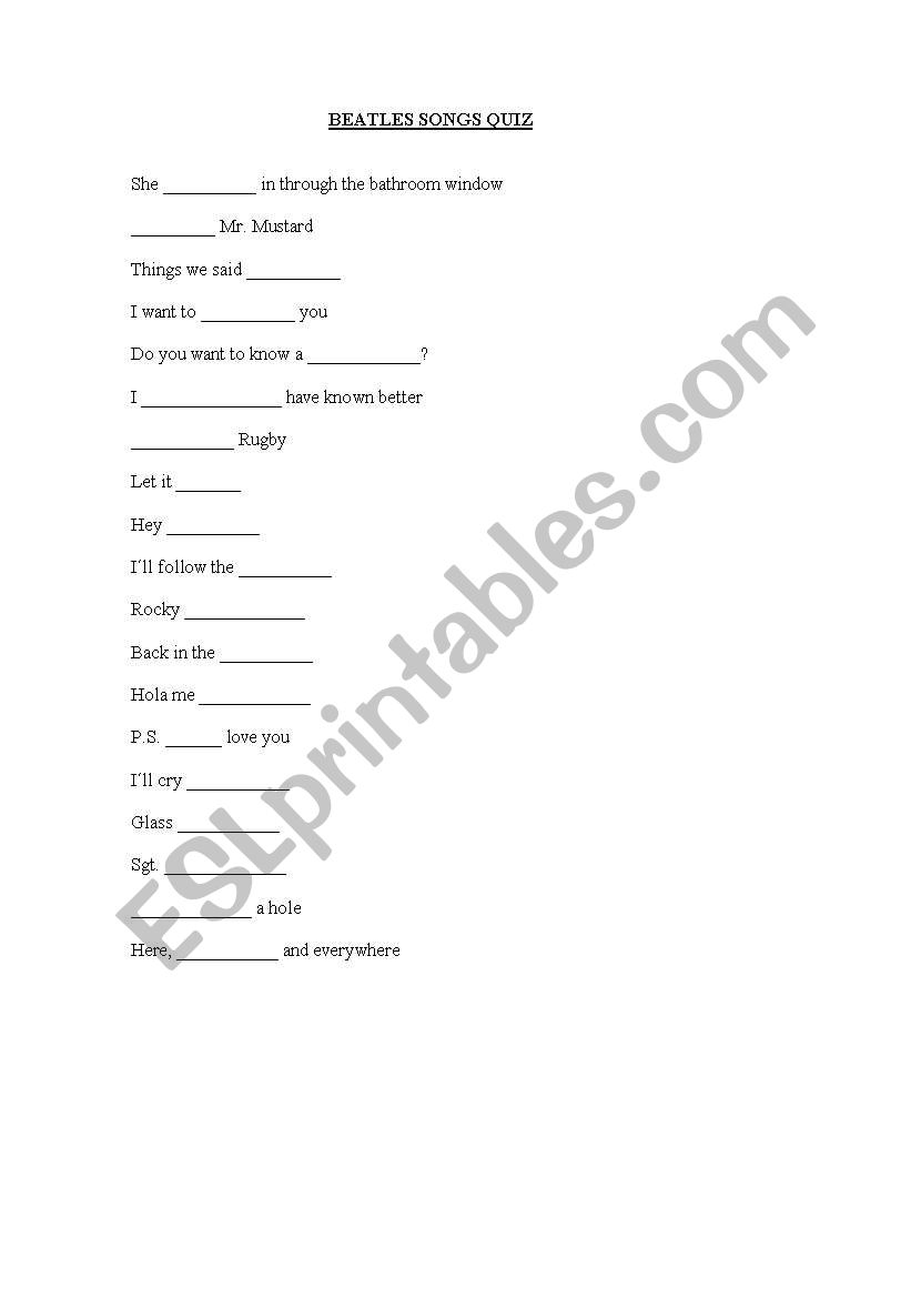 Beatles songs quiz worksheet