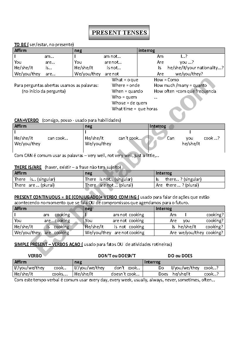 Present tenses english worksheet