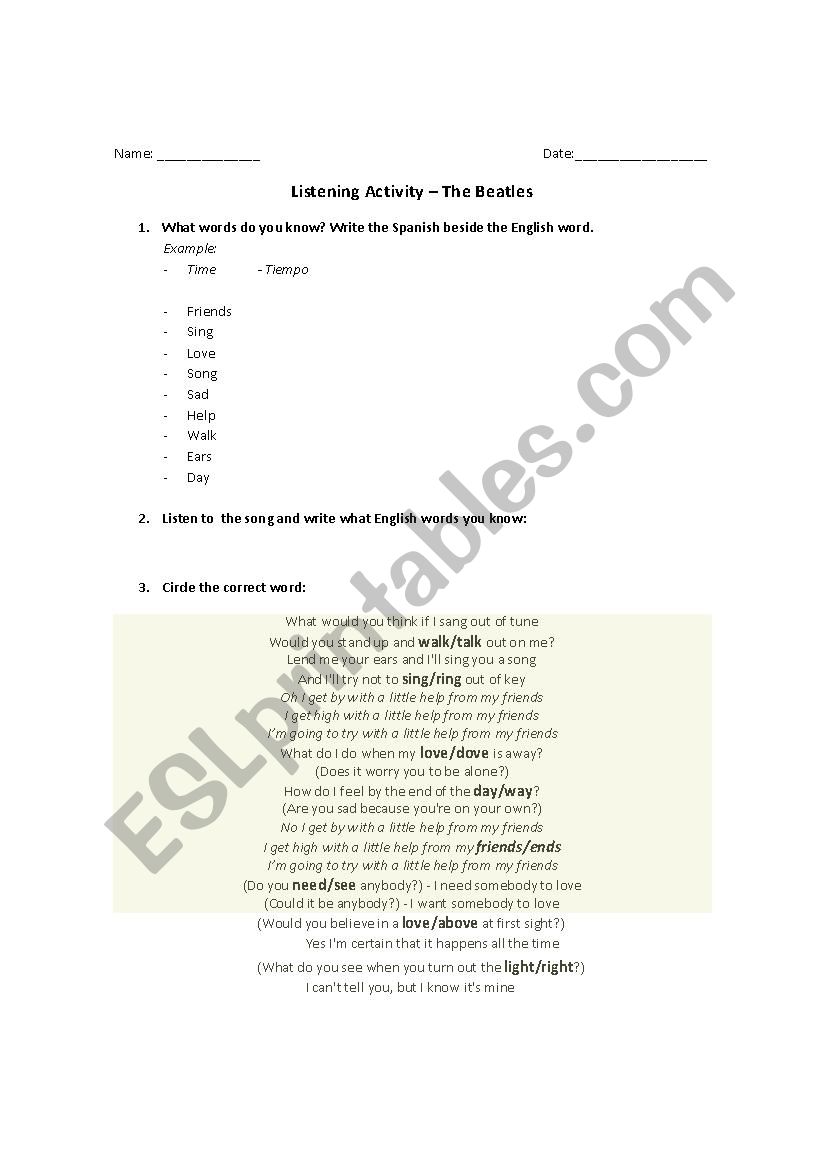 Beatles Listening Activity worksheet