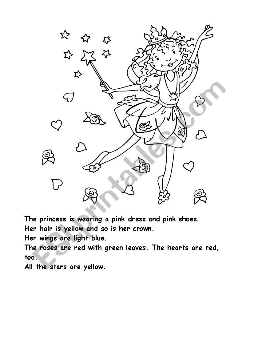 read and color in princess worksheet