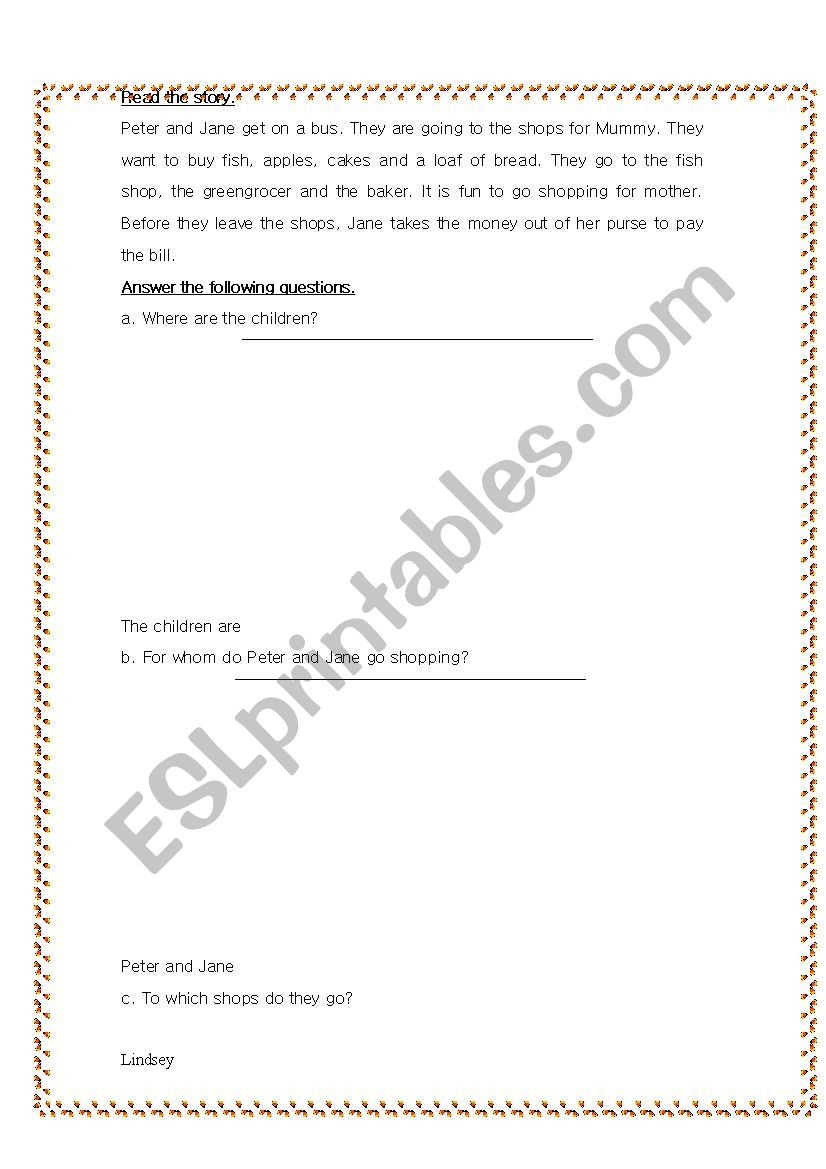 Peter and Jane go shopping worksheet