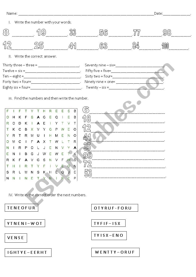 numbers worksheet