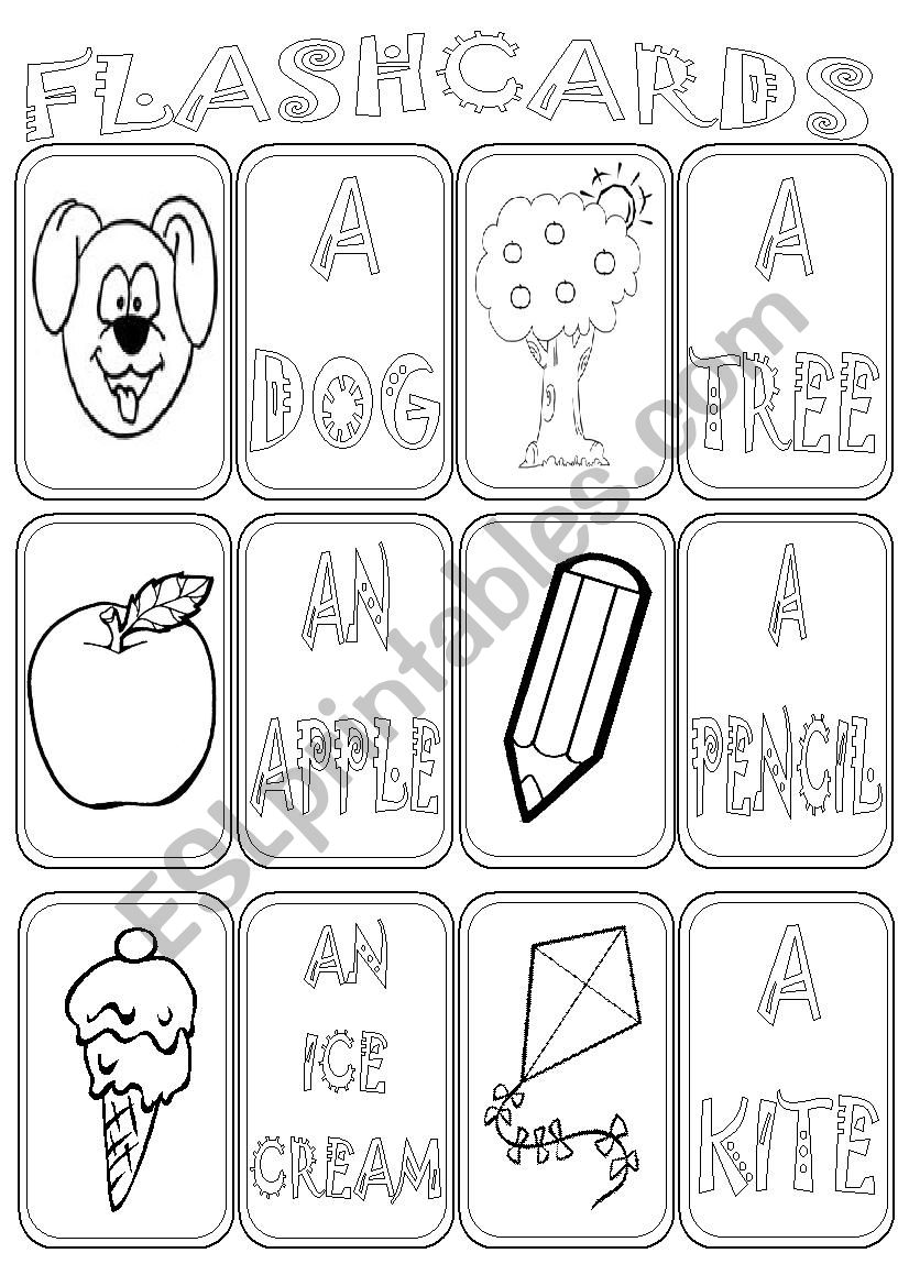 A / AN flash cards 1 / 4 B&W worksheet