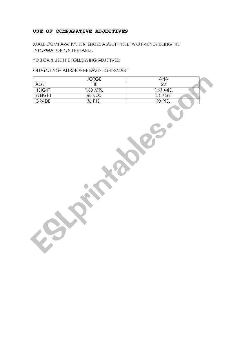 USE OF COMPARATIVE ADJECTIVES worksheet