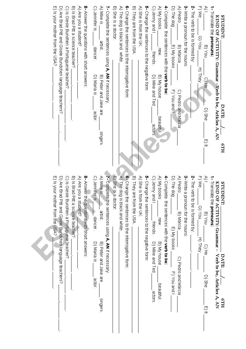 6 TH GRADE - VERB TO BE, ARTICLES A, AN