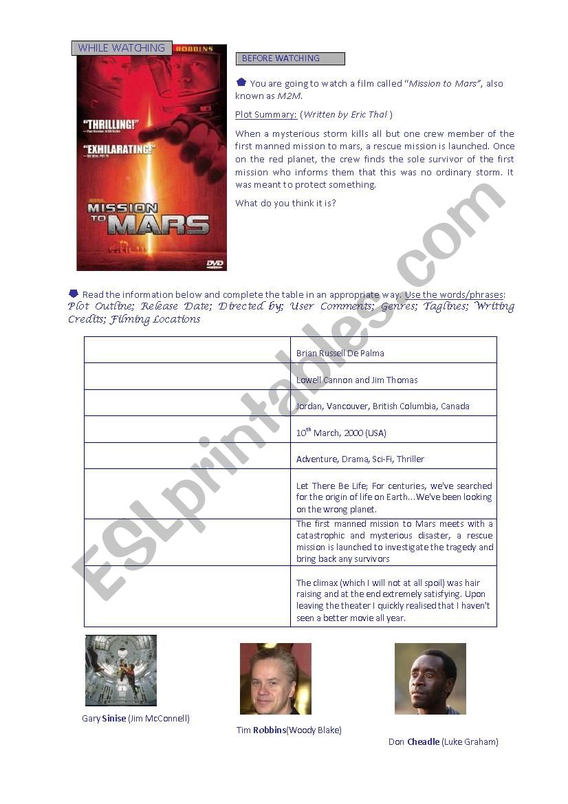 Mission to Mars - Study Guide worksheet