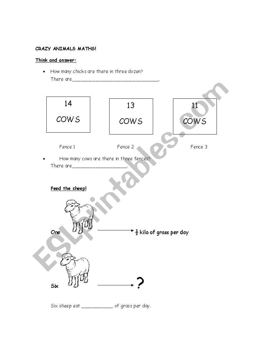 crazy animals maths worksheet
