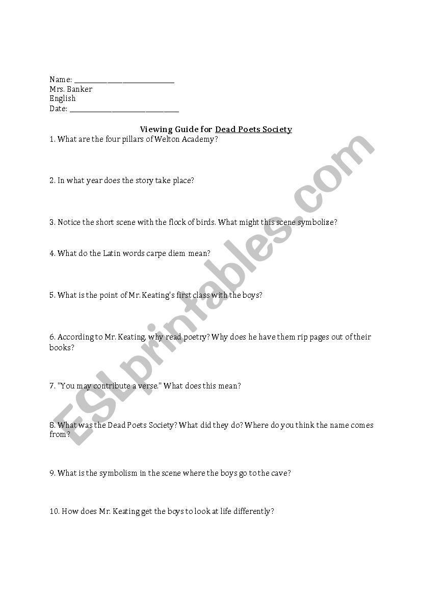 Dead Poets Society Movie worksheet