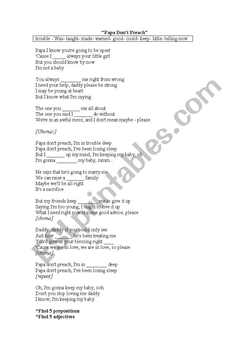 Papa don´t preach- by Madonna - ESL worksheet by LorenaCabrera